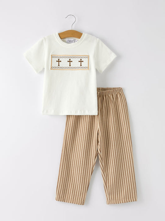 Beige Stripe Smocked Church Christ Bishop Christening Outfit Rylee Faith