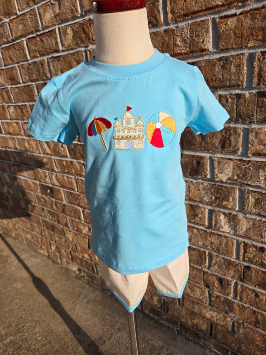 Blue Beach Sandcastle Embroidery Collection - Boy Short Set Boyis