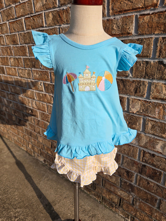 Blue Beach Sandcastle Embroidery Collection - Girl Short Set Boyis