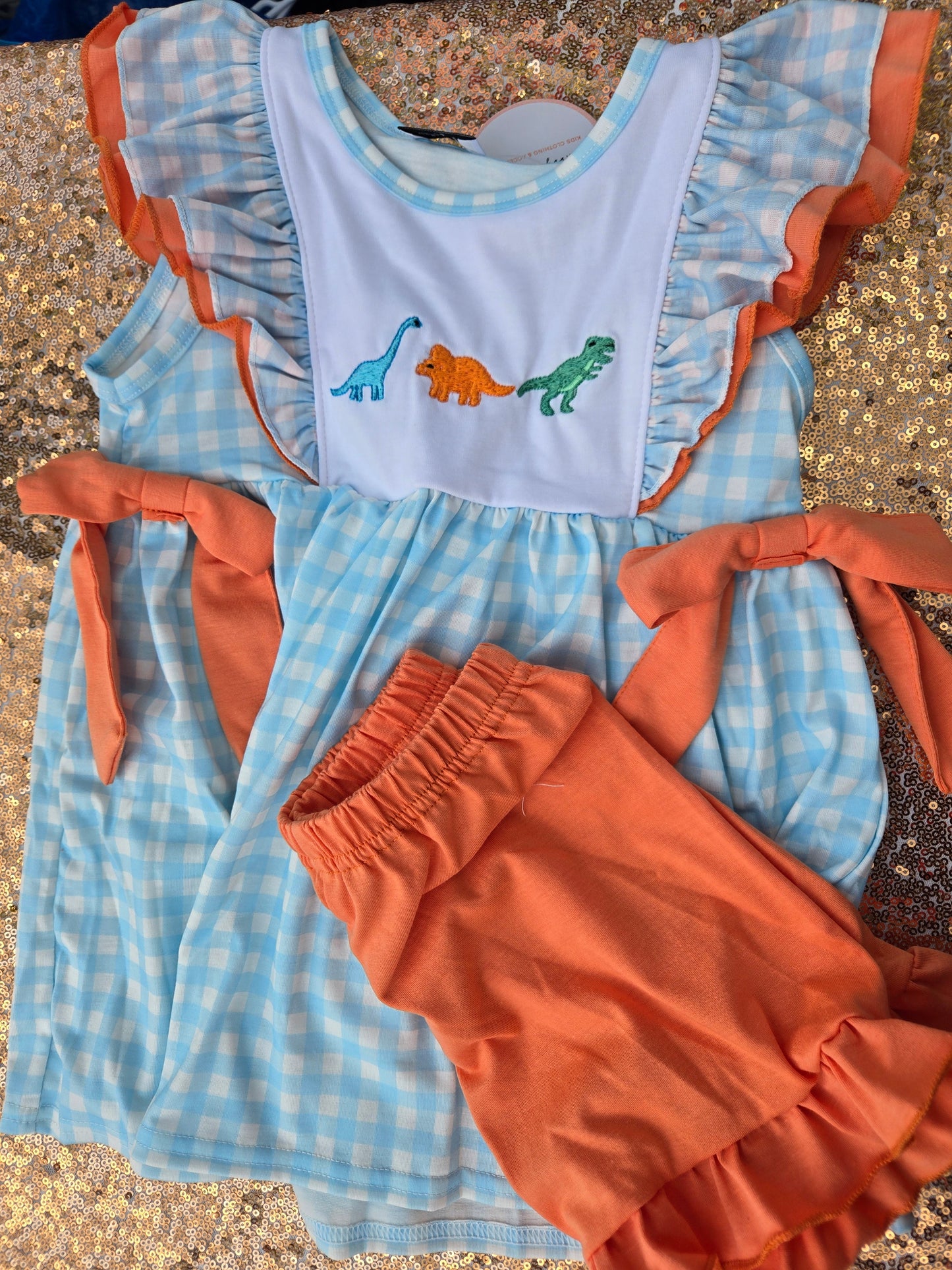 Blue Dinosaur Embroidery Gingham 2 Pc Girl Set Honeydew