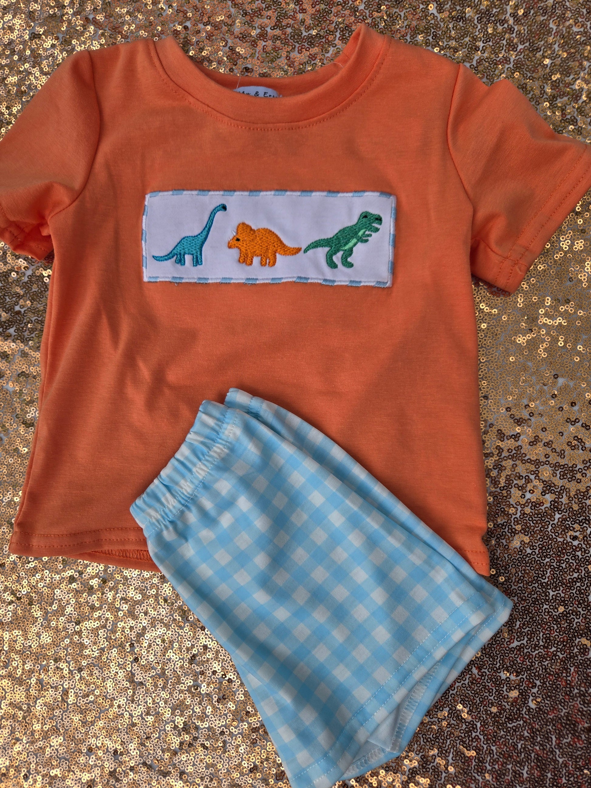 Blue Dinosaur Embroidery Gingham 2 Pc Boy Set Honeydew