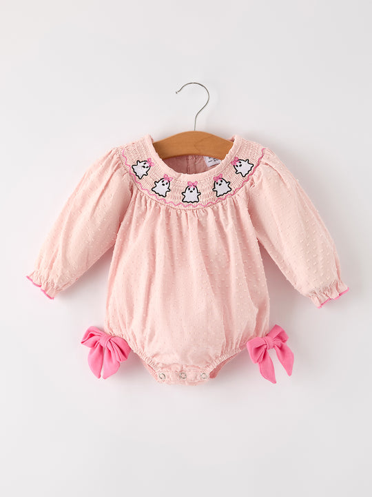 Autumn Halloween Light Pink Ghost Embroidery Smocked Floral Baby Girl Romper Rylee Faith