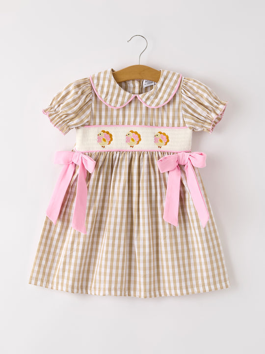 Fall Thanksgiving Beige Turkey Embroidery Smocking Girl Dress Rylee Faith