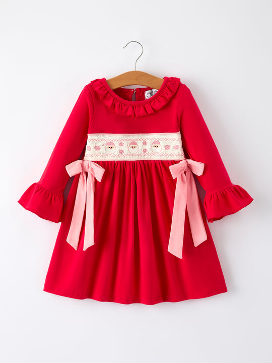 Santa Pink Ribbon Red Christmas Smocked Girl Dress Rylee Faith