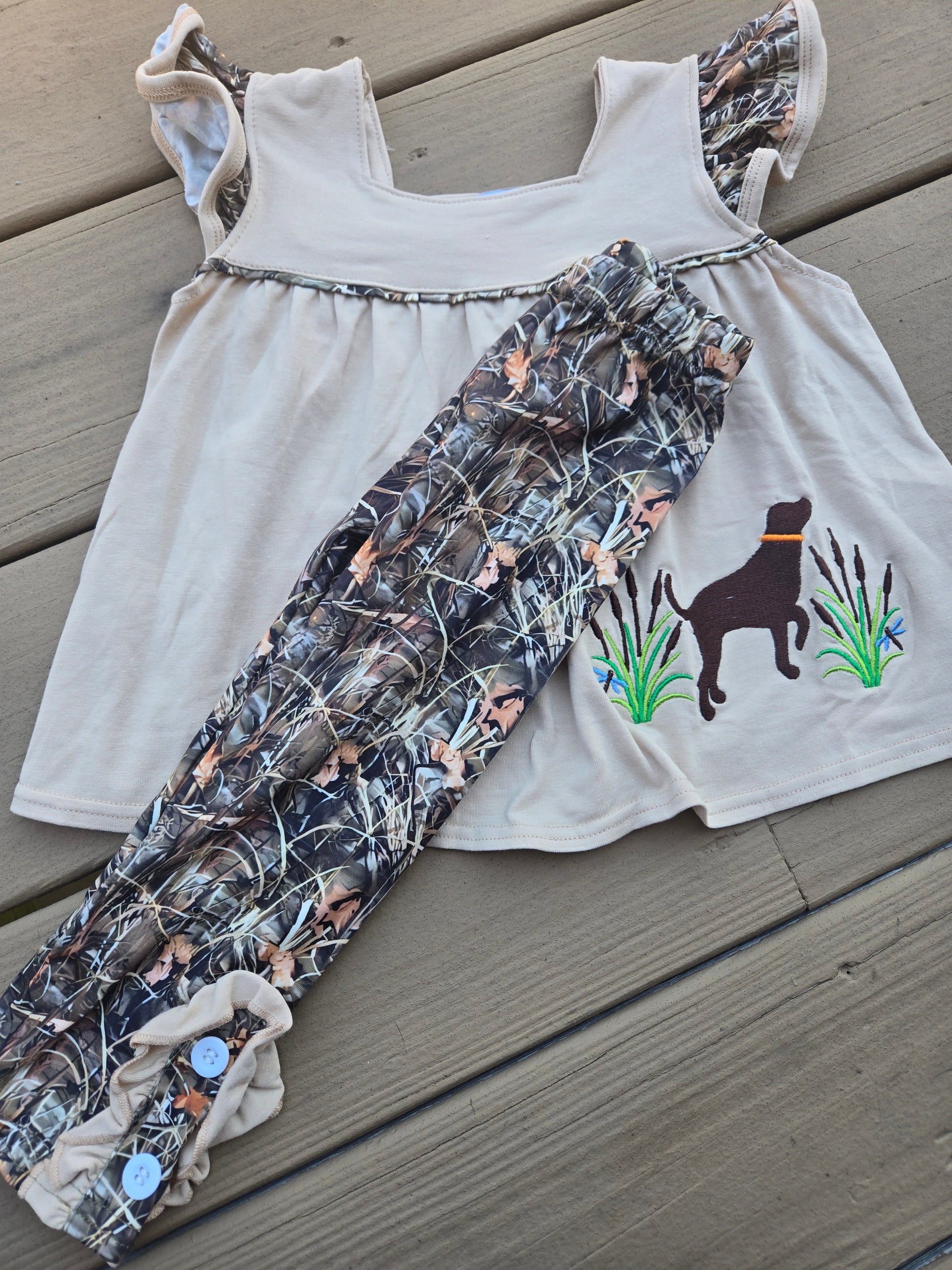 Camouflage Hound Embroidery Girl 2 Pc set Honeydew