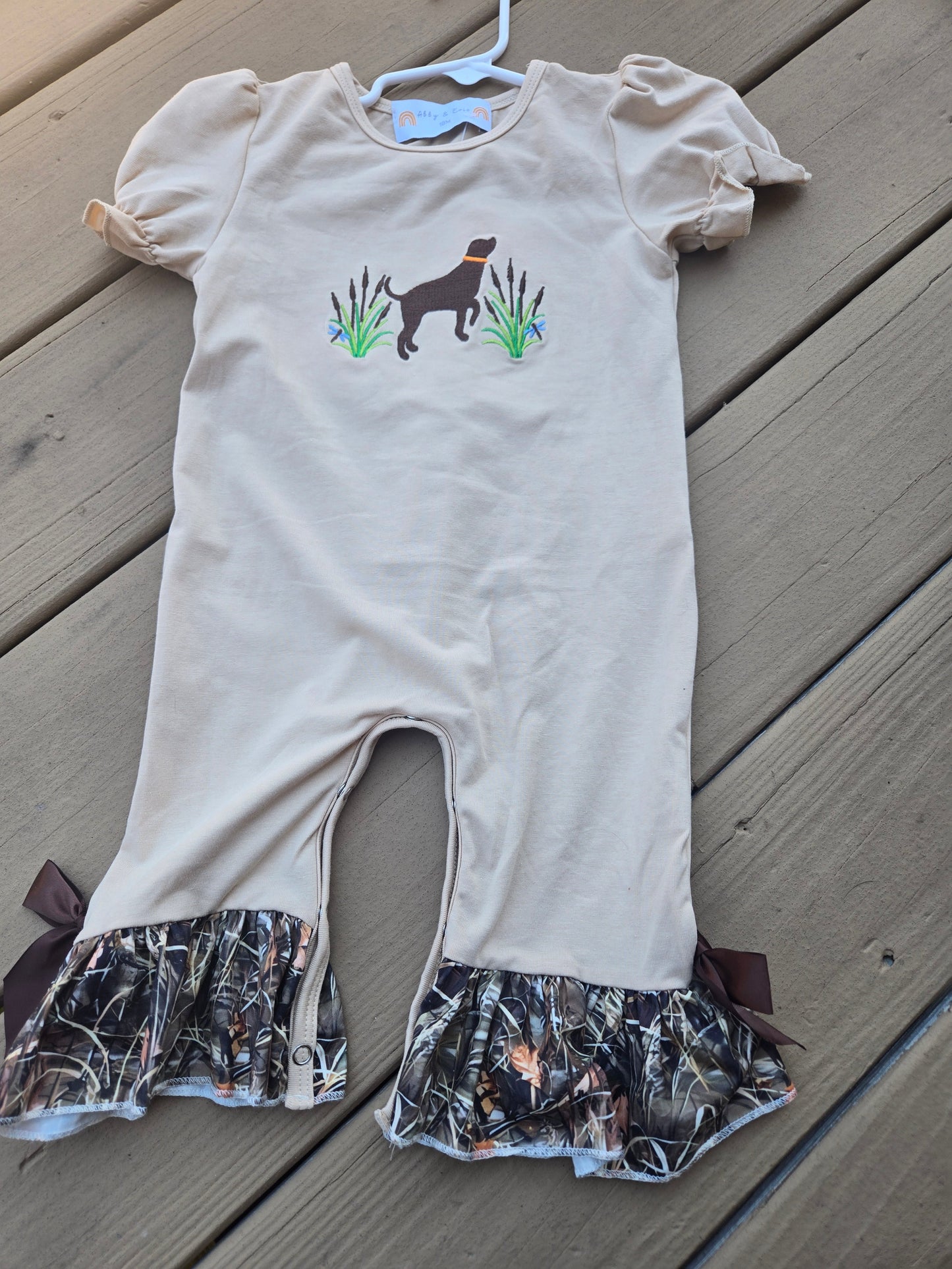 Camouflage Hound Embroidery Girl Ruffle Romper Honeydew