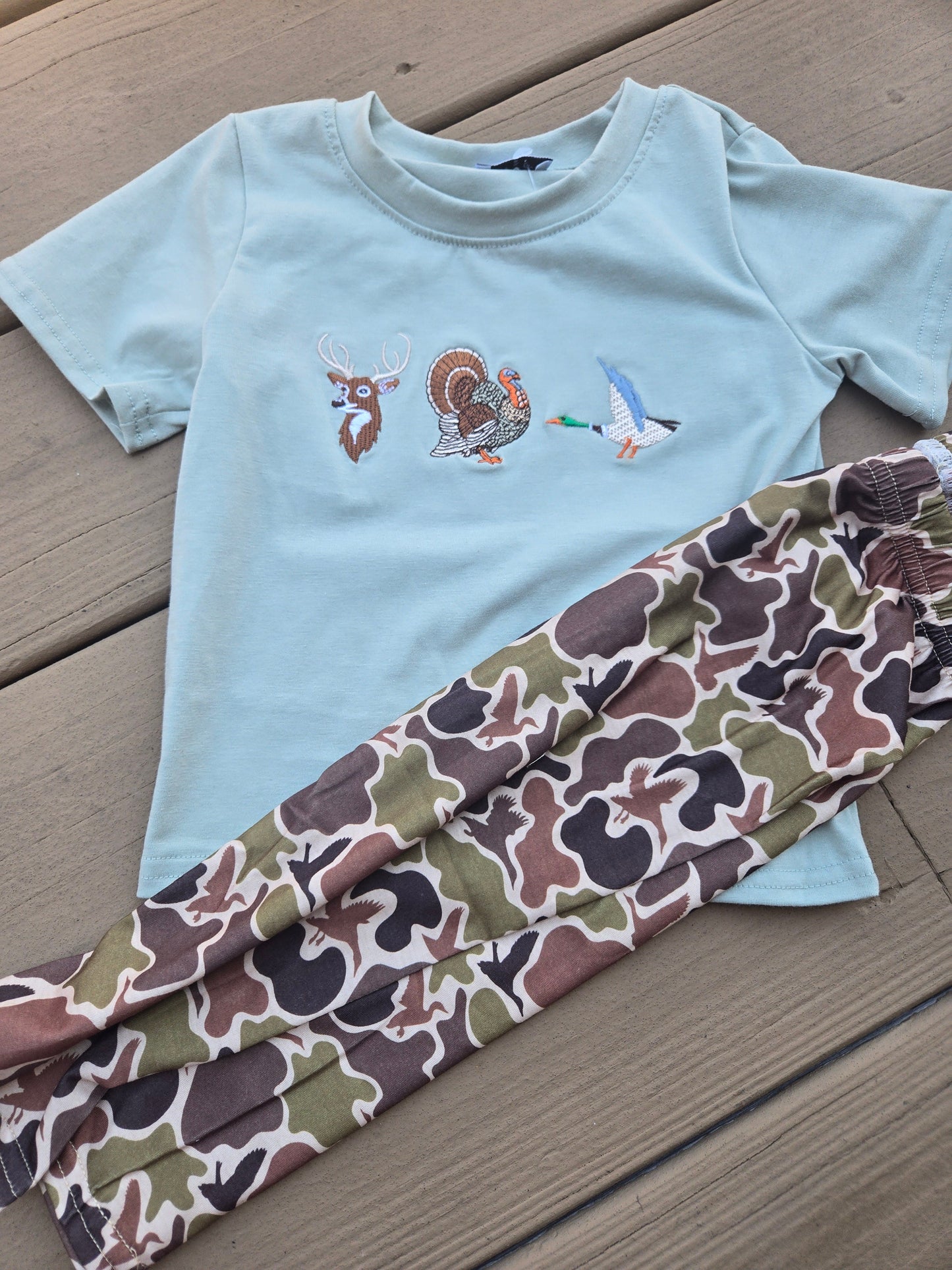 Green Camouflage Hunting Embroidery Pants Set Honeydew