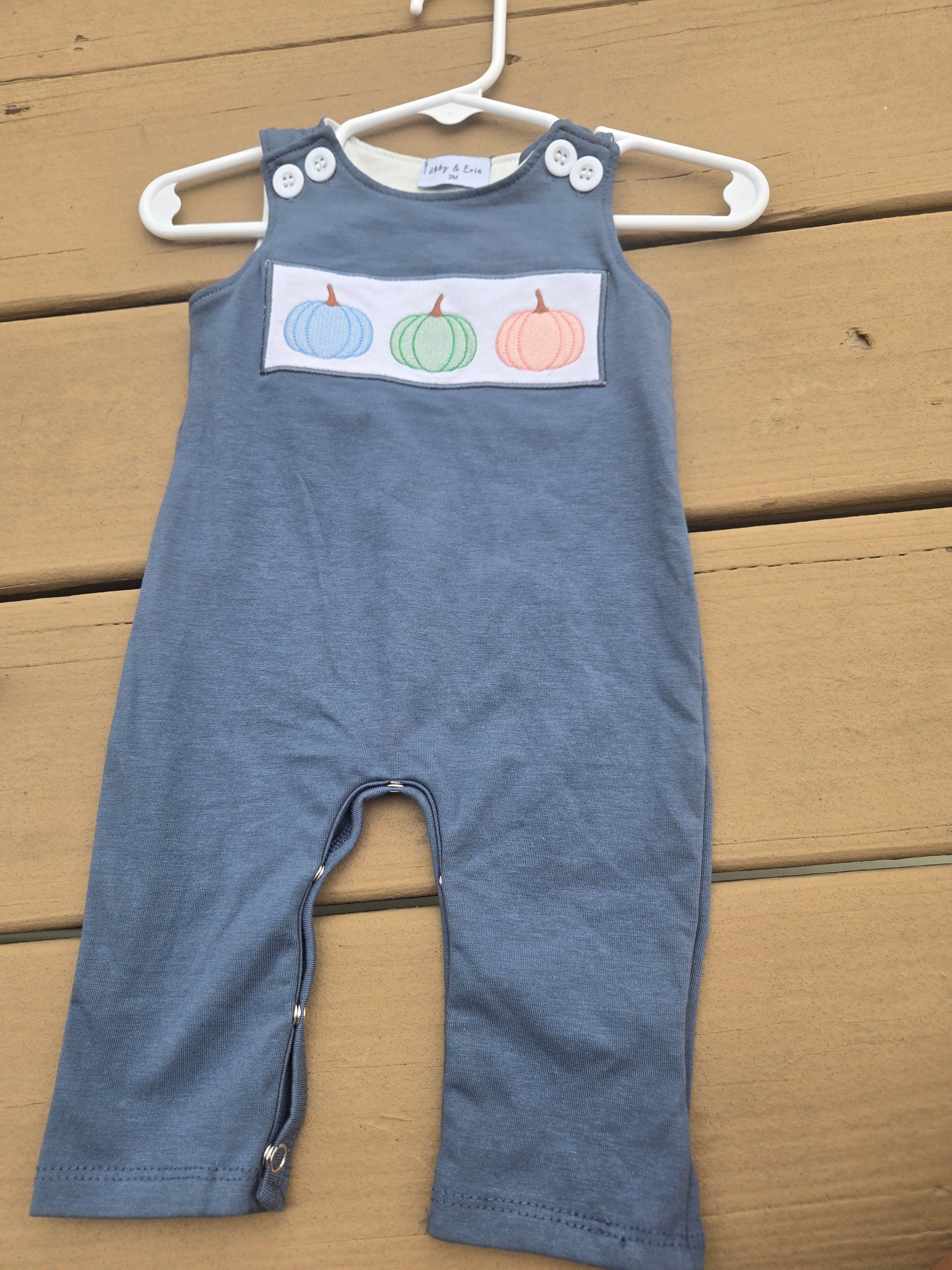 Blue Embroidery Three Pumpkins Boy JonJon Honeydew