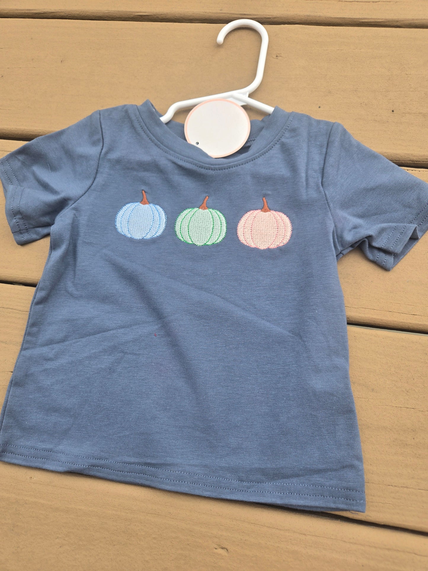 Blue Embroidery Three Pumpkins Boy Shirt Honeydew
