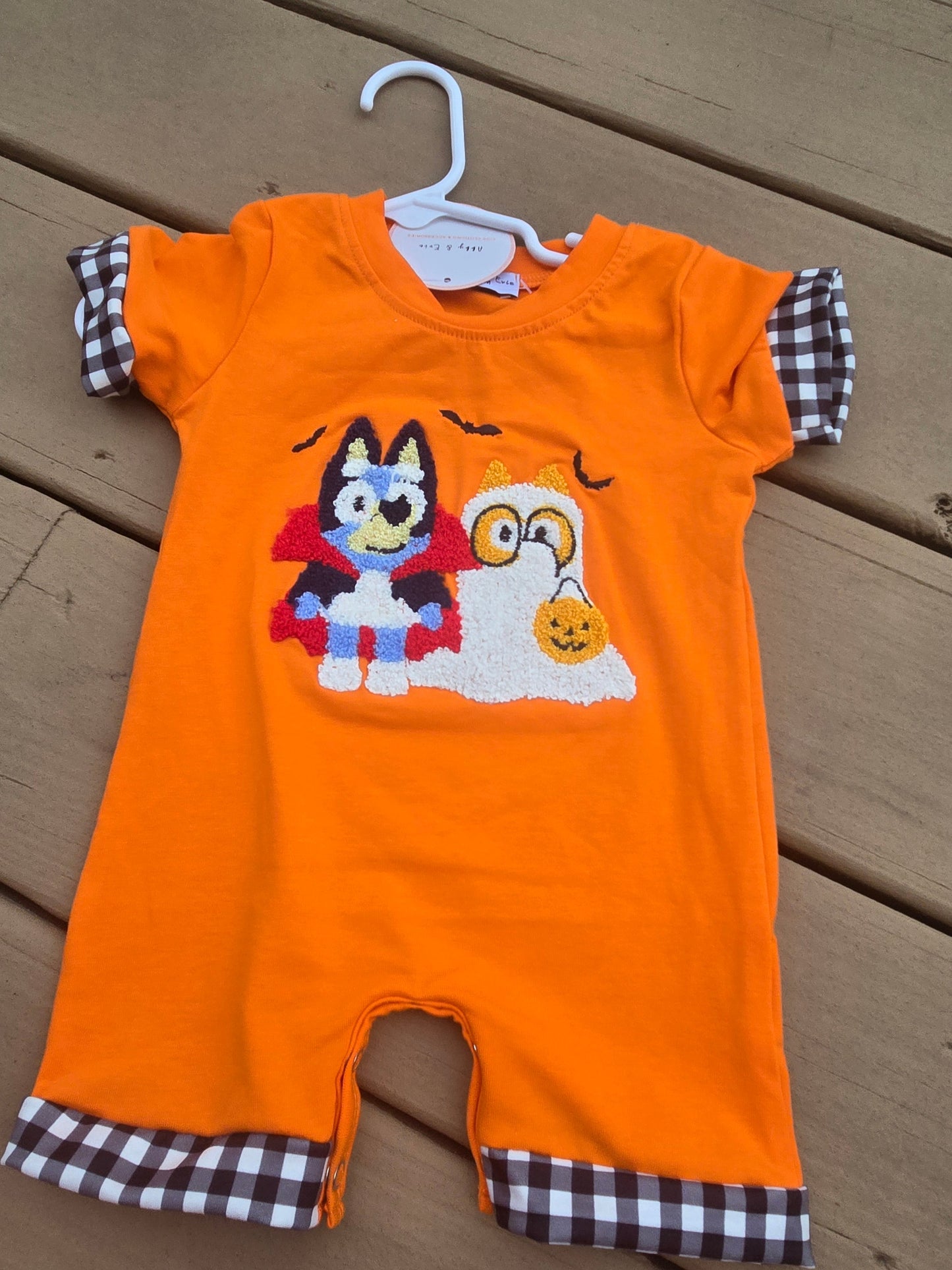 Orange Blue Dog Halloween French Knot Boy Romper Honeydew