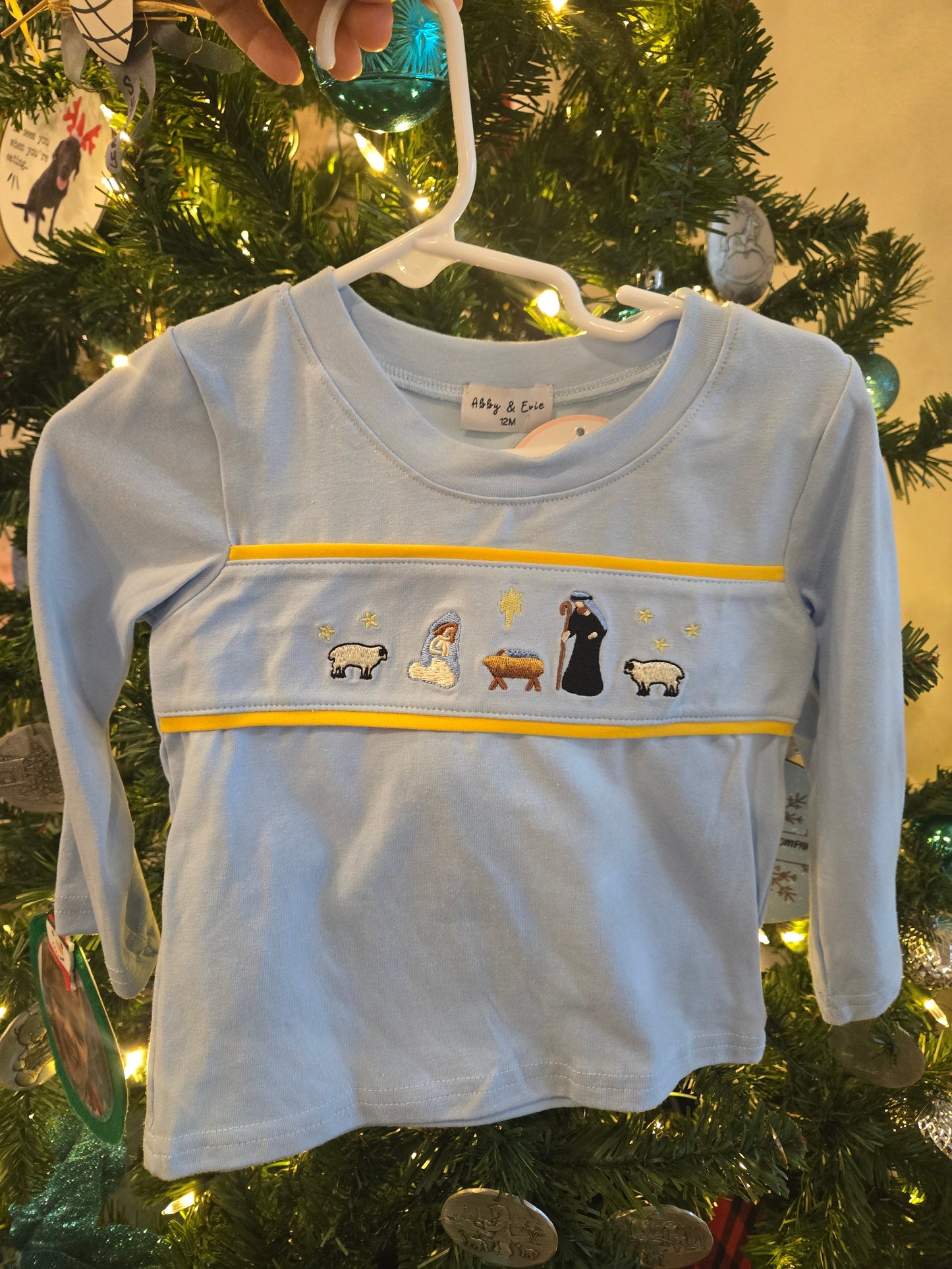 Blue Nativity Embroidery Shirt Honeydew
