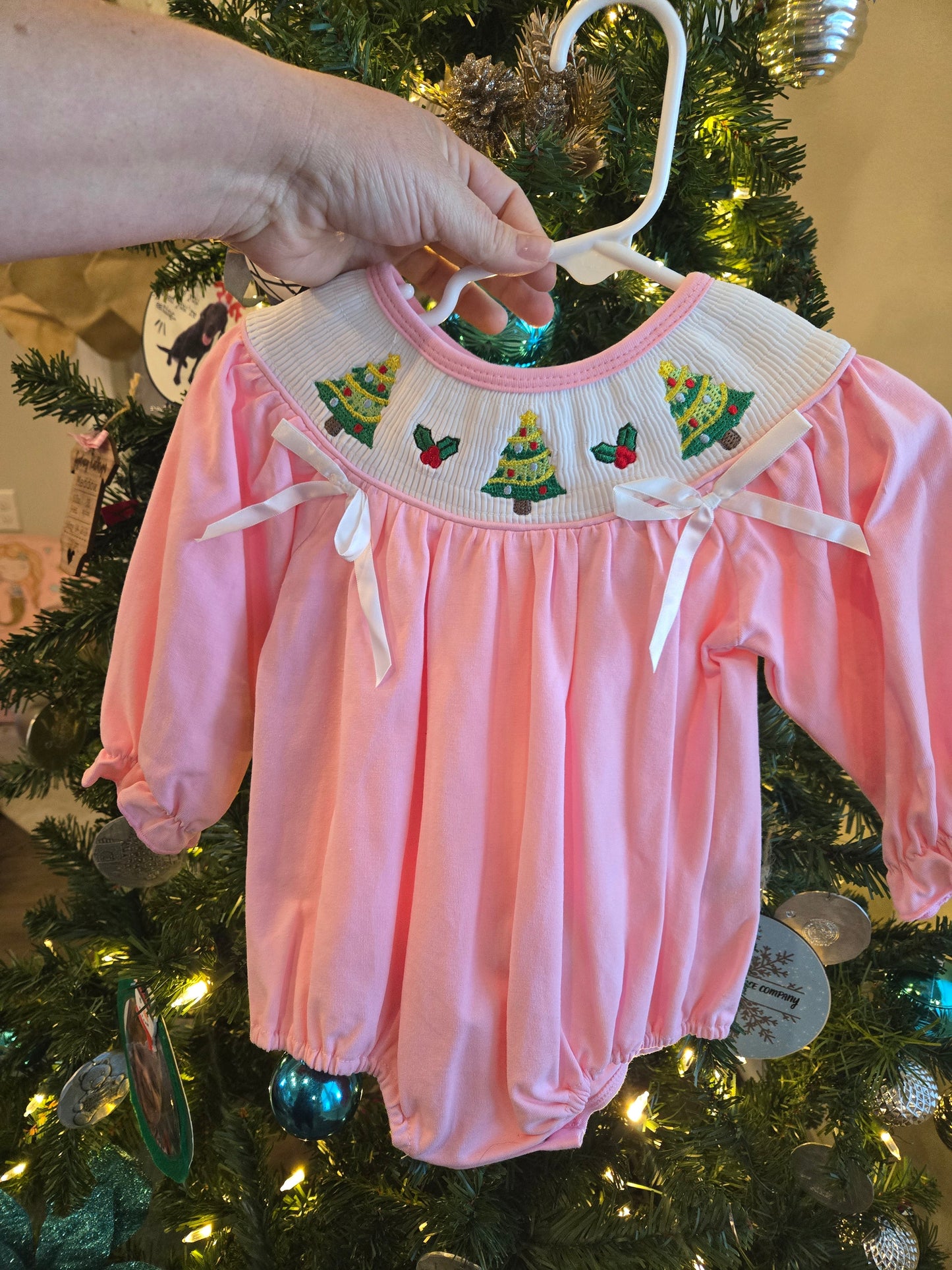 Pink Christmas Tree Smocked Bubble Honeydew