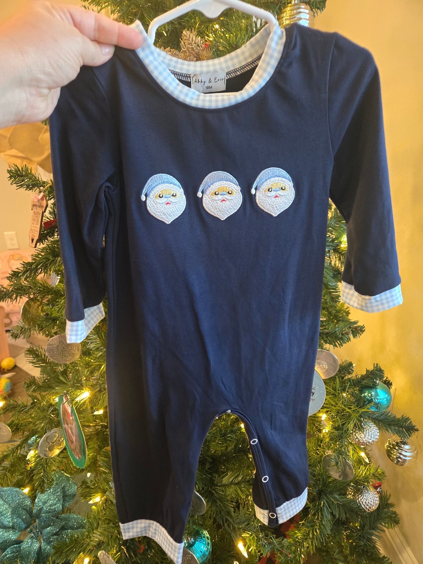 Navy Santa Claus Embroidery Romper Honeydew