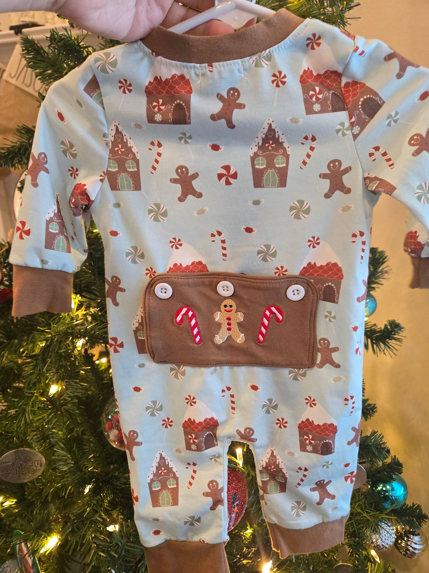 Blue Christmas Gingerbread Boy Romper Honeydew