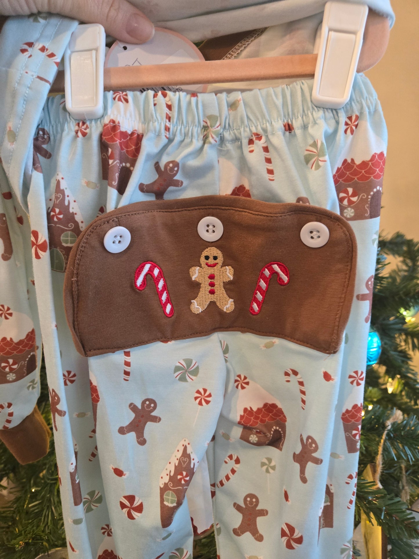 Blue Christmas Gingerbread Boy Pants Set Honeydew