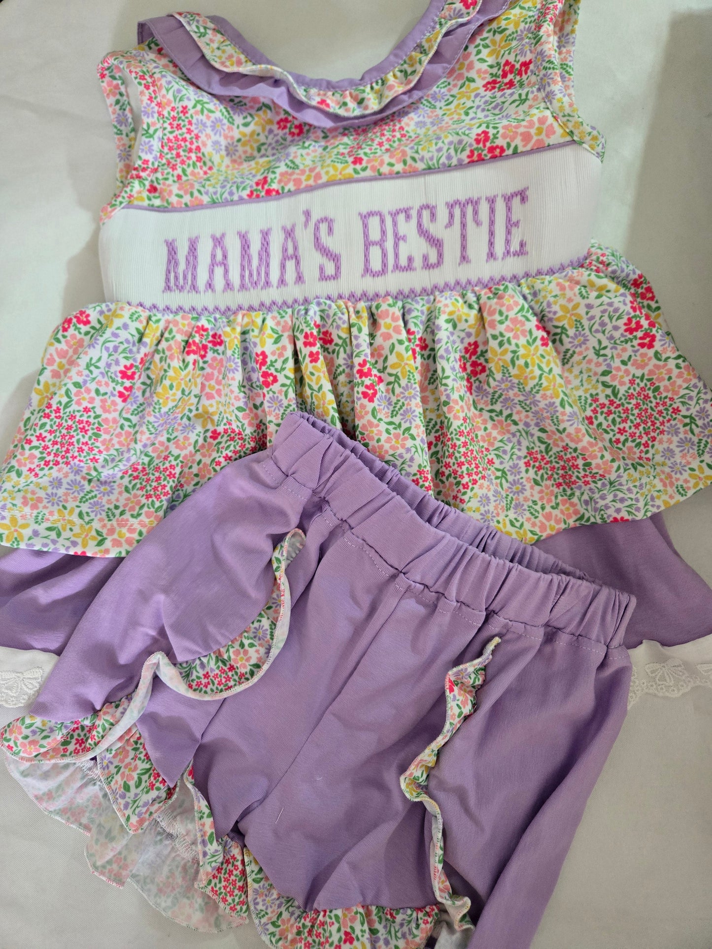 Premium Collection Mama's Bestie Hand Smocked Purple Floral Short Set Ambabie