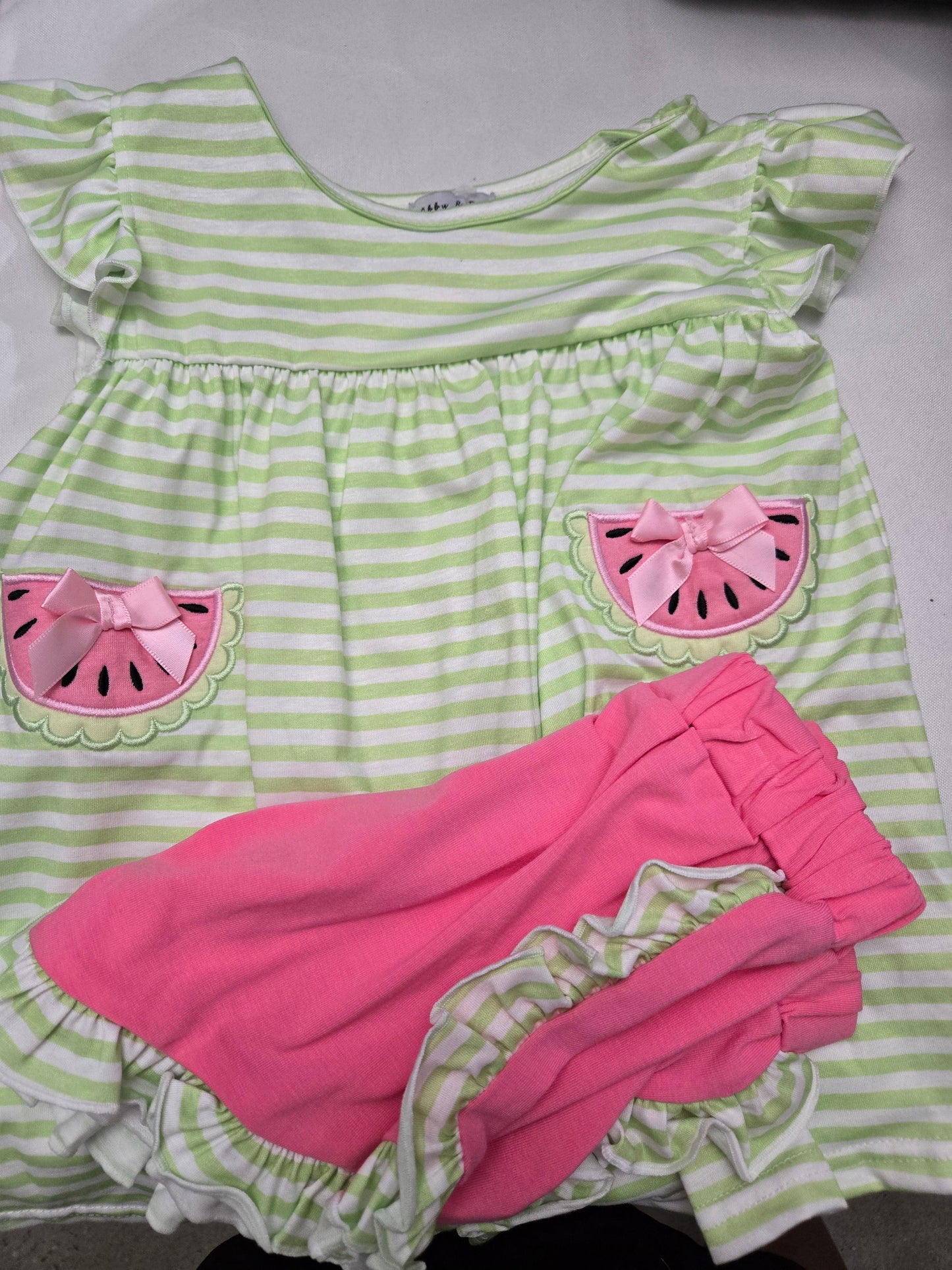 Green Watermelon Applique Ruffle Shorts Set Honeydew