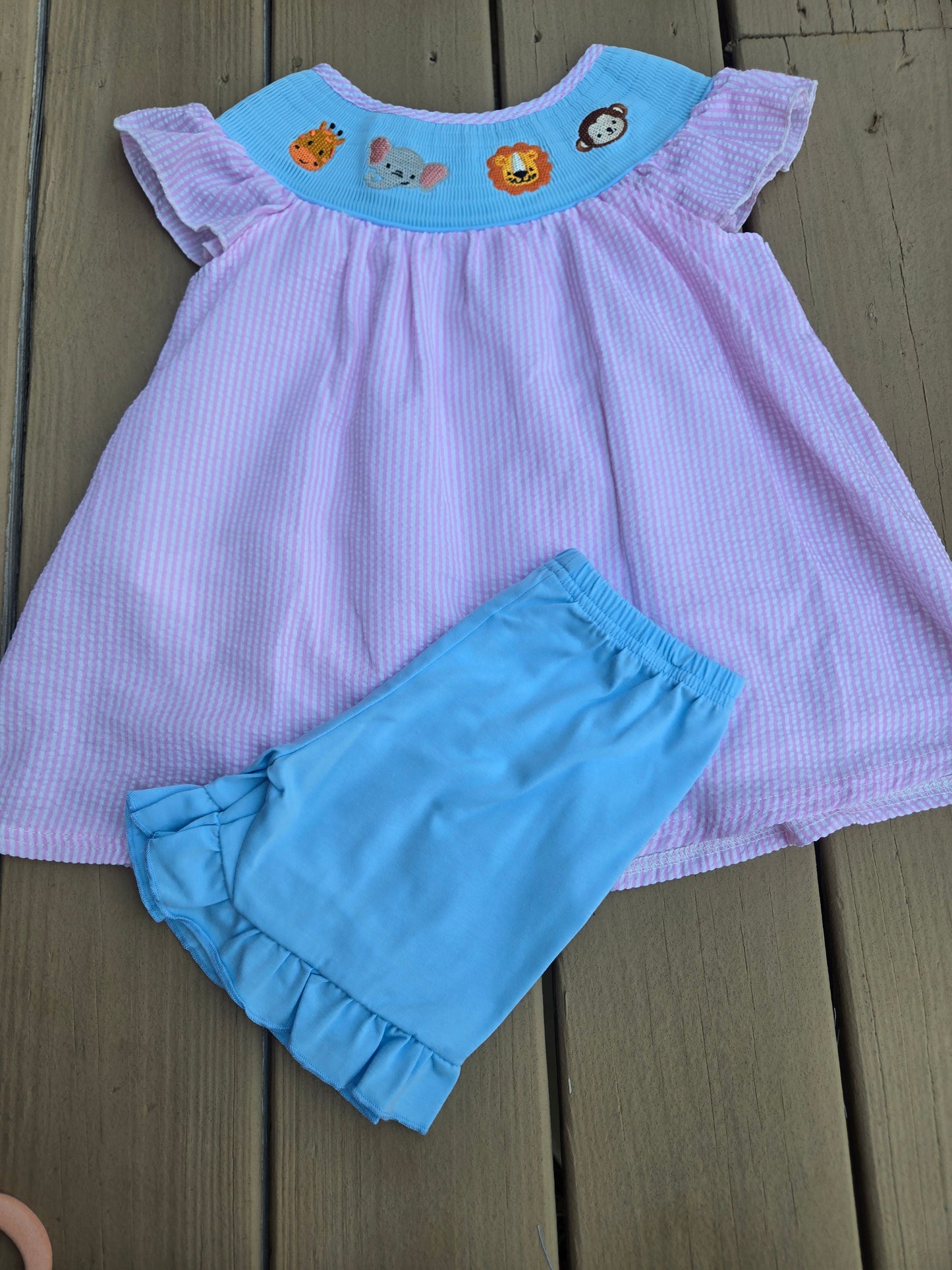 Pink Seersucker Animal Smocked Ruffle Shorts Set Honeydew