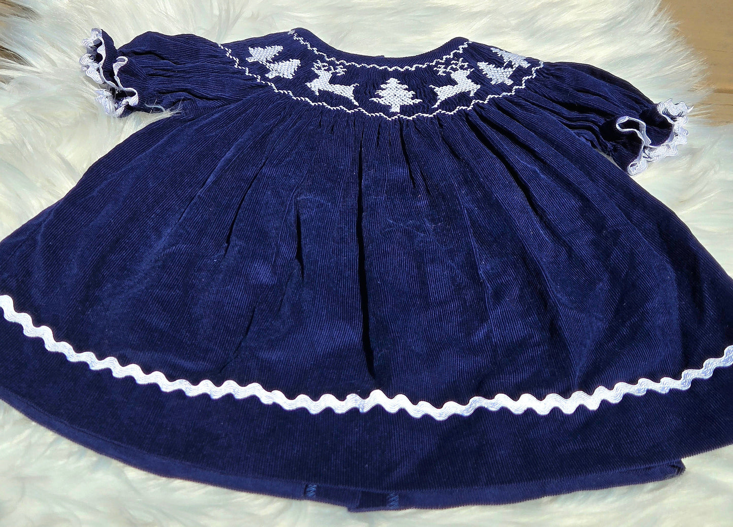 Navy Blue Winter Wonderland Corduroy Hand Smocked Bishop Dress Dovie Jane
