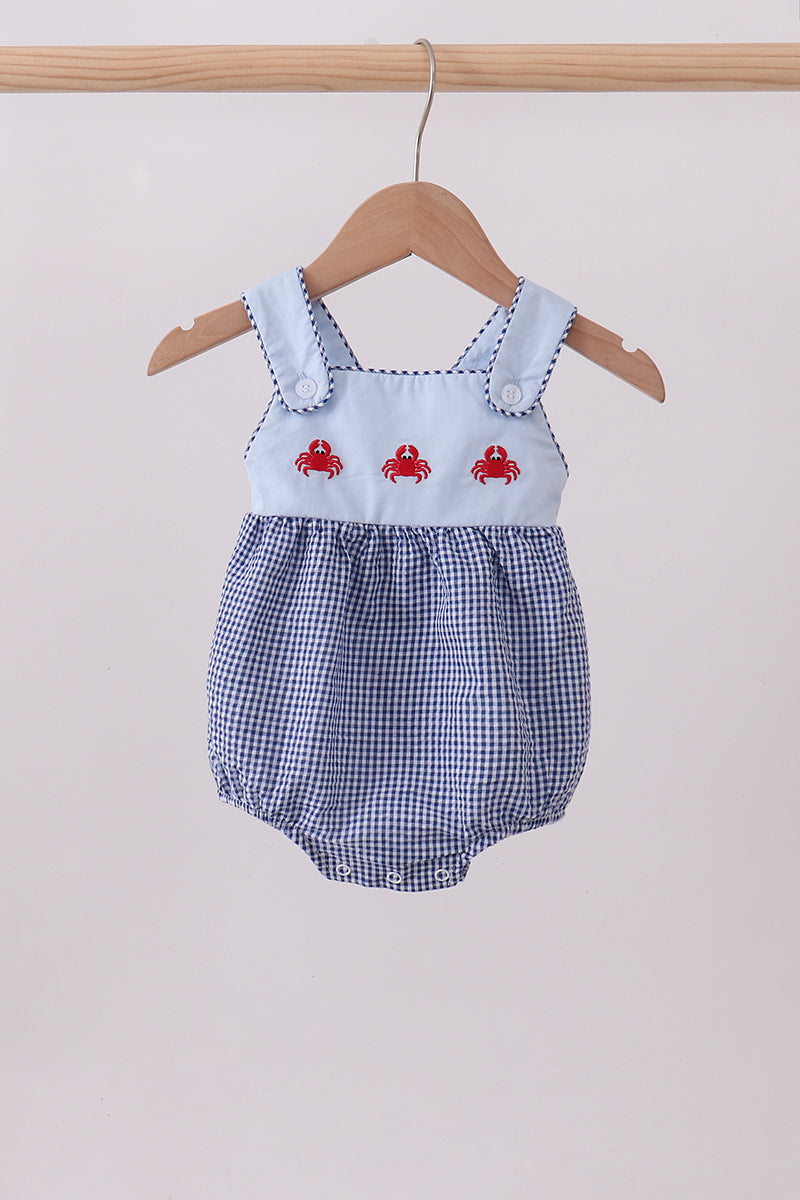 Blue Crab Embroidery Gingham Bubble Honeydew
