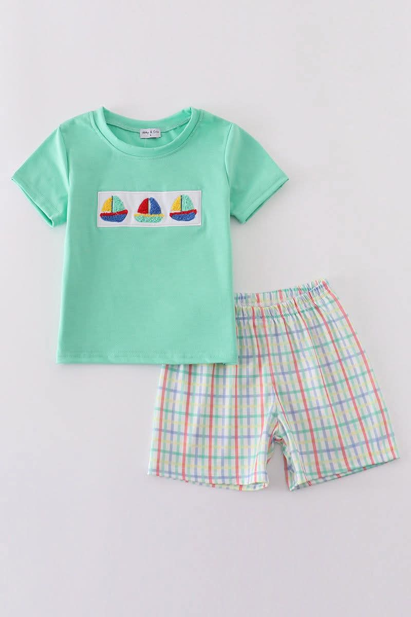 Green Sailboat French Knot 2 Pc Boy Set Honeydew