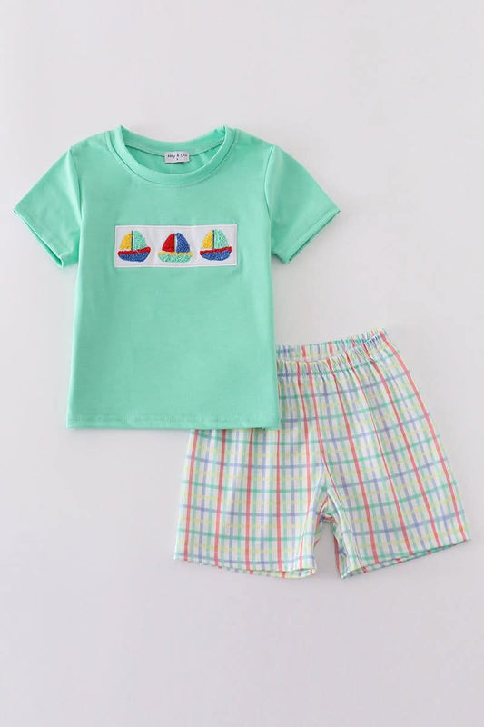 Green Sailboat French Knot 2 Pc Boy Set Honeydew