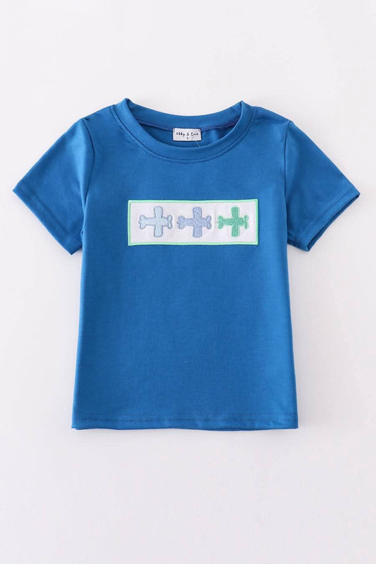 Blue Plaid Airplane Embroidery Boy Shirt Honeydew