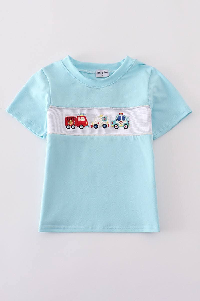 Blue Fire Truck Police Car Smocked Embroidery Boy Shirt Honeydew