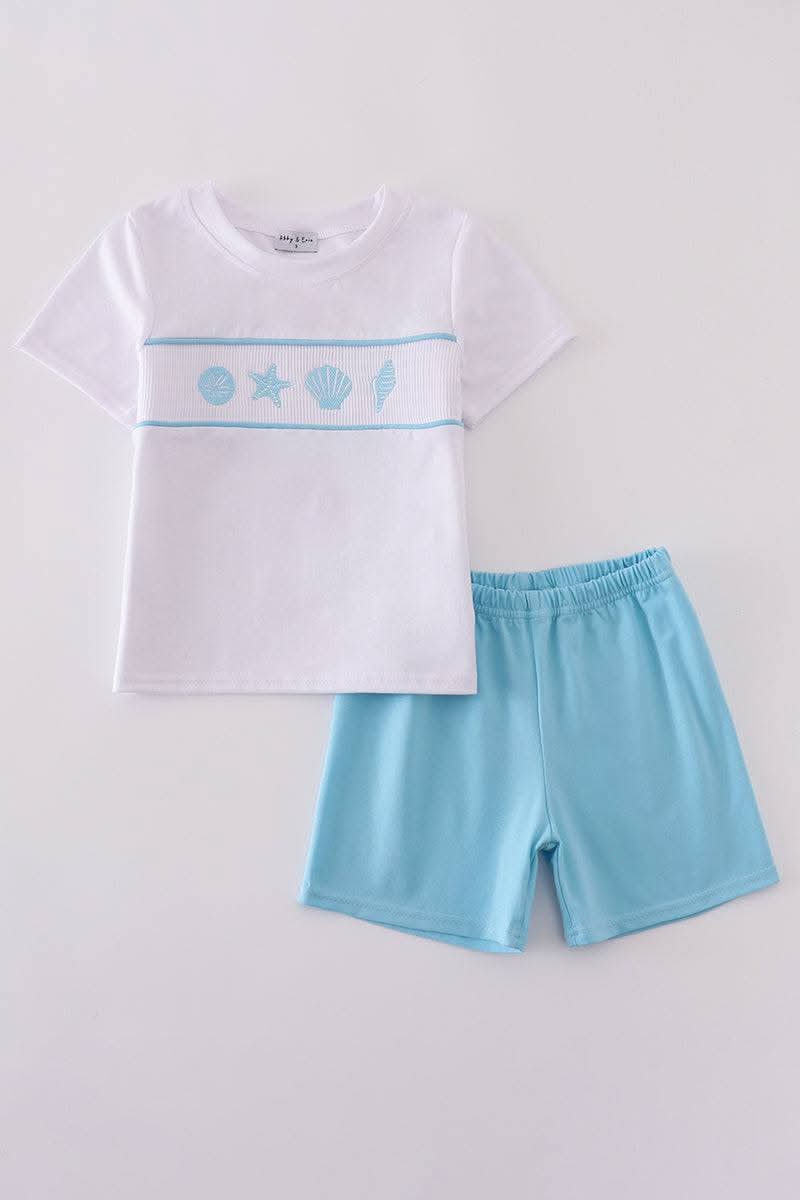 White Starfish Embroidery Smocked Boy Set Honeydew
