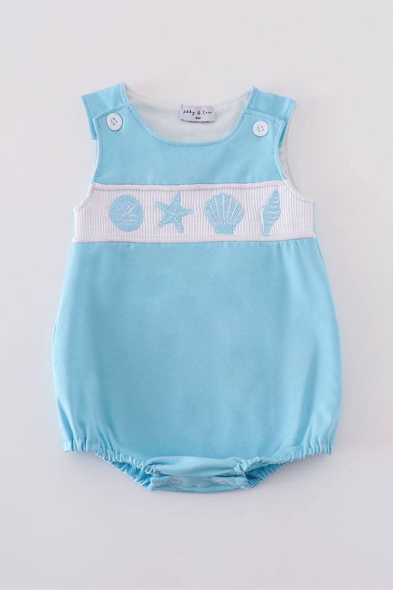 White Starfish Embroidery Smocked Boy Bubble Honeydew