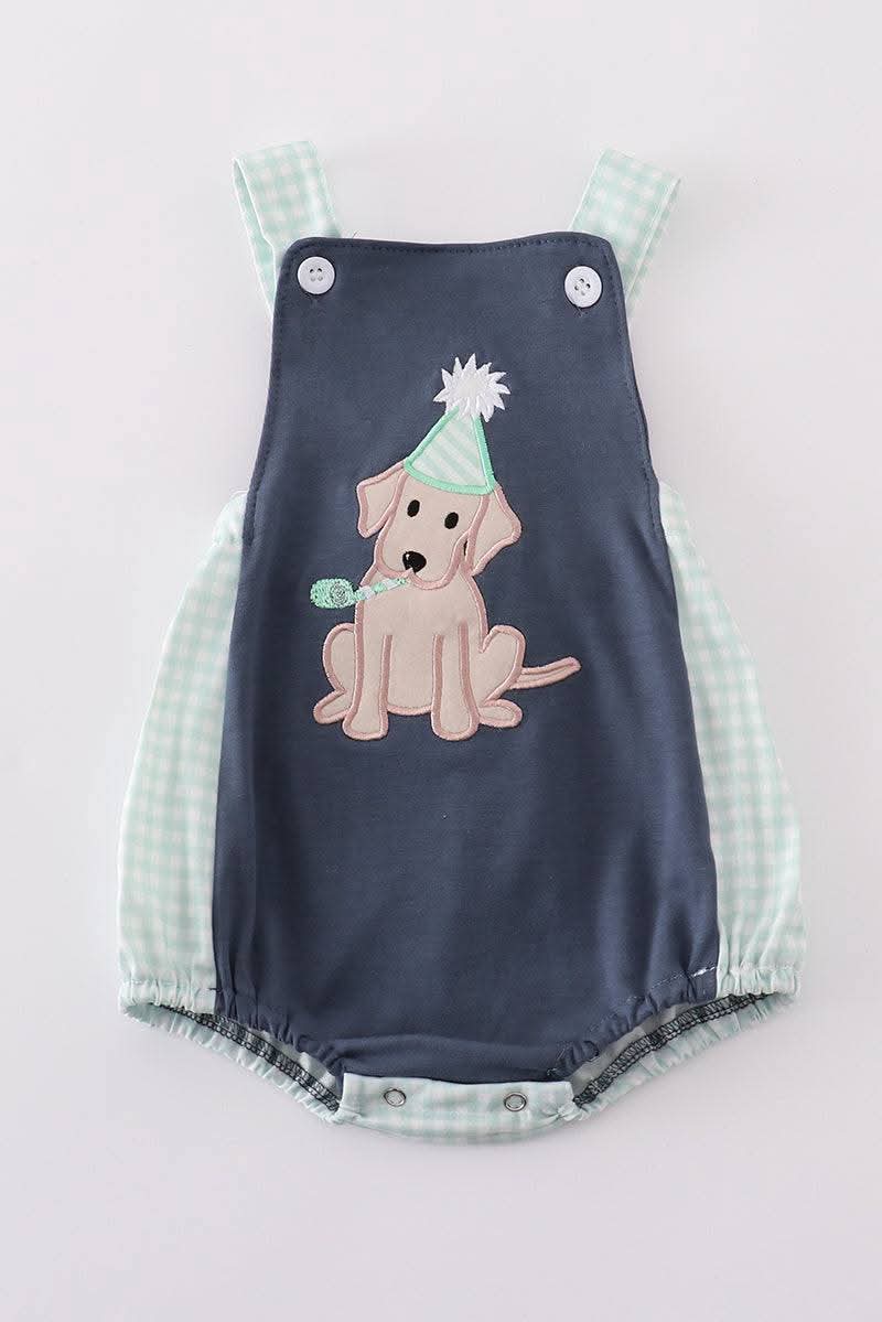 Navy Puppy Birthday Applique Boy Bubble Honeydew