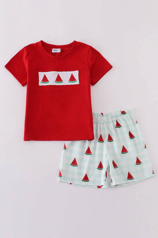 Red Embroidery Watermelon Smocked Boy Set Honeydew