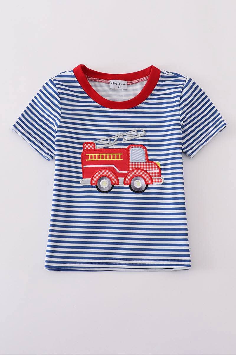 Blue Stripe Fire Truck Applique Boy Top Honeydew