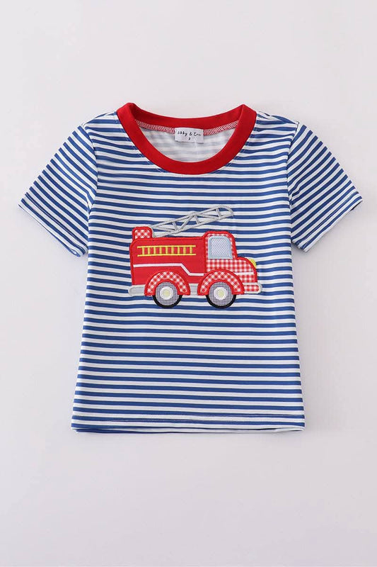 Blue Stripe Fire Truck Applique Boy Top Honeydew