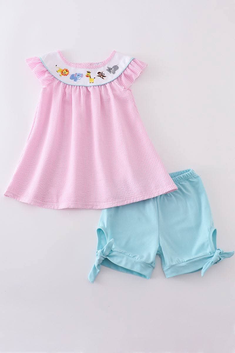 Pink Seersucker Animal Embroidery 2 Pc Short Set Honeydew