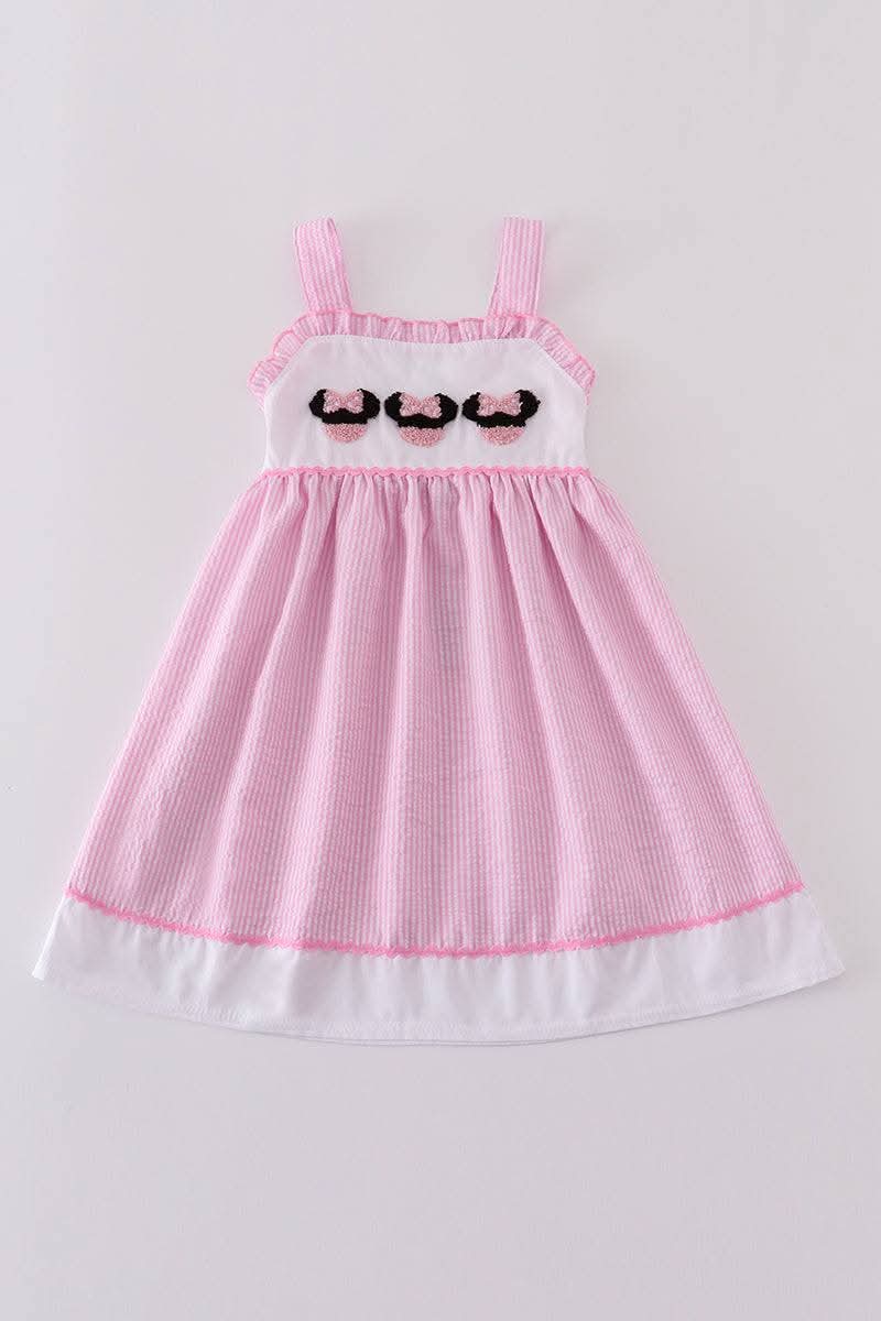 Pink Stripe Seersucker Character French Knot Girl Dress Honeydew