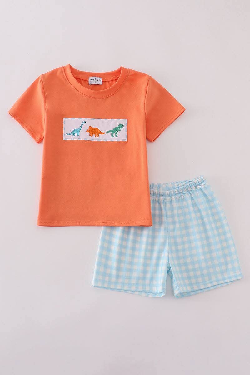 Blue Dinosaur Embroidery Gingham 2 Pc Set Honeydew