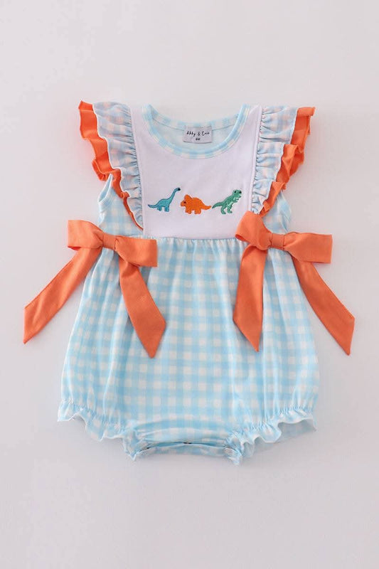 Blue Dinosaur Embroidery Gingham Girl Bubble Honeydew