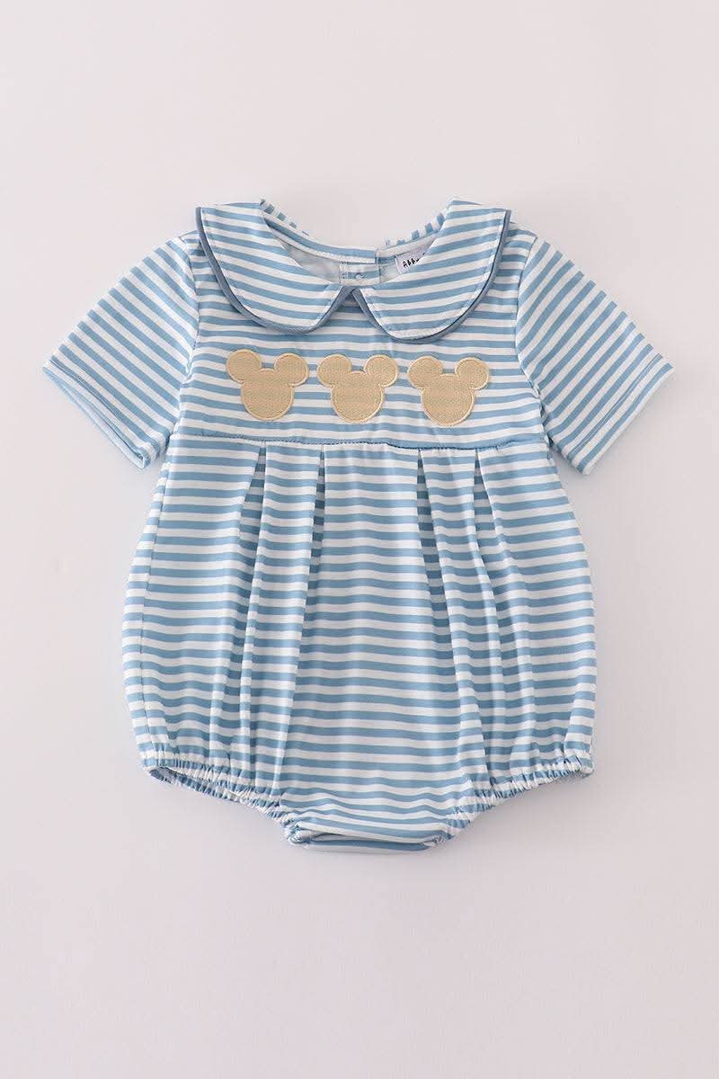 Blue Stripe Character Embroidery Romper Honeydew
