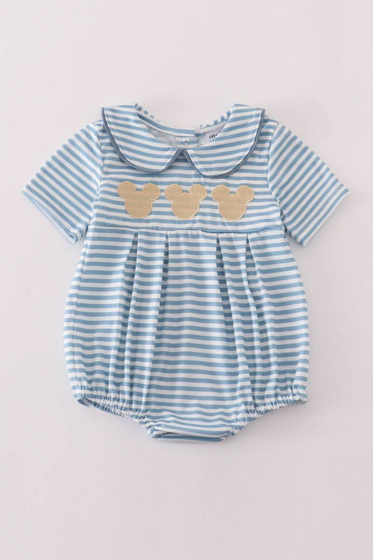 Blue Stripe Character Embroidery Romper Honeydew