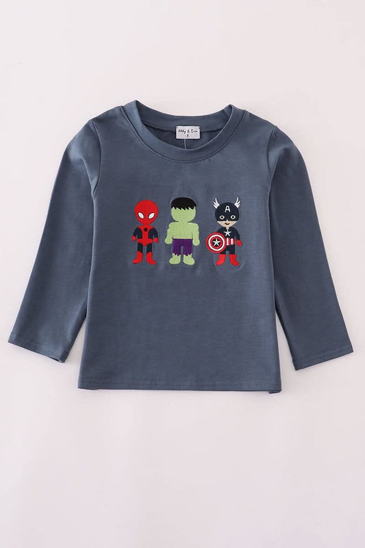 Navy Character Embroidery LS Shirt Honeydew