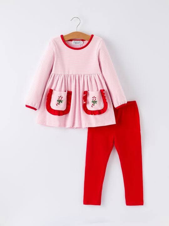 Christmas Candy Cane Embroidery Striped Girl Set Rylee Faith