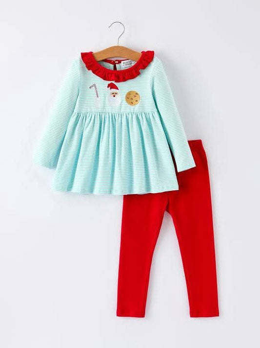 Girls Christmas Santa Candy Cane Cookie Embroidery Striped Set Rylee Faith