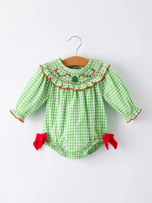Christmas Green Tree Smocked Embroidery Girls Gingham Romper Rylee Faith