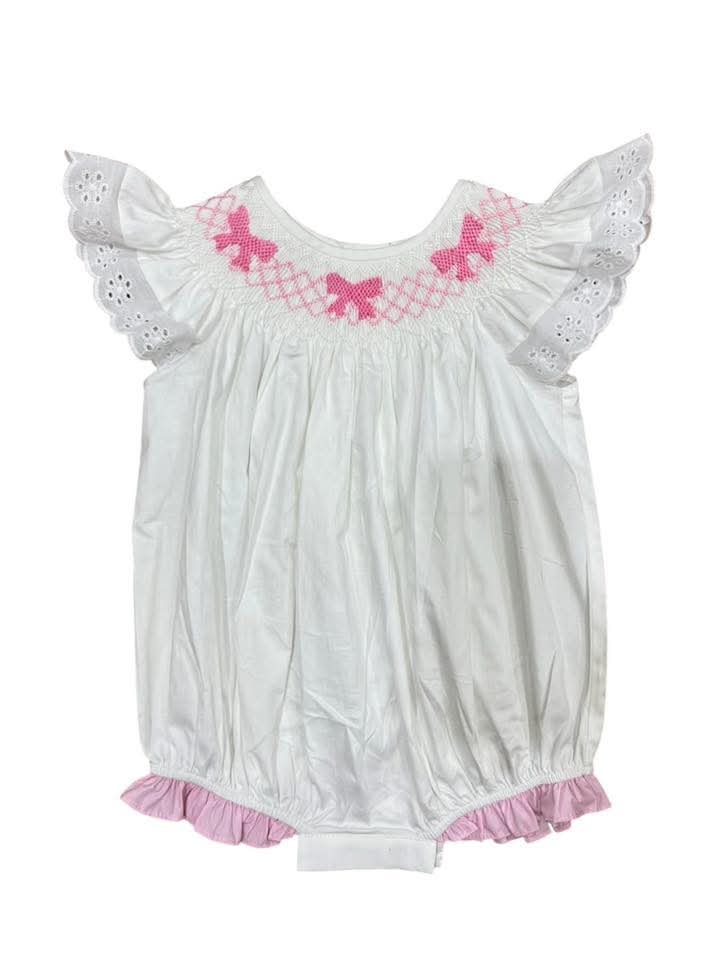 White and Pink Bow Hand Smocked Ruffle Bubble Ambabie