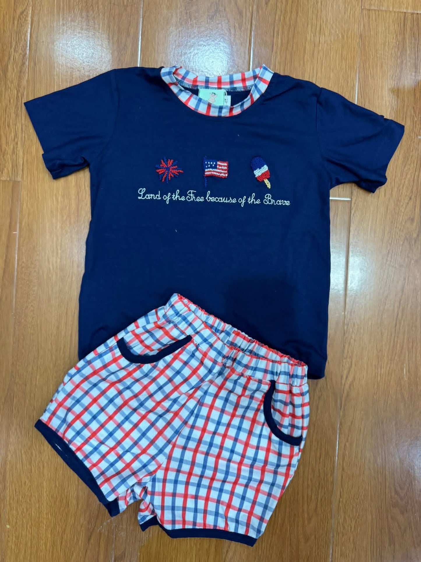 Land of the Free Because of the Brave Boy Short Set Hand French Knot Ambabie