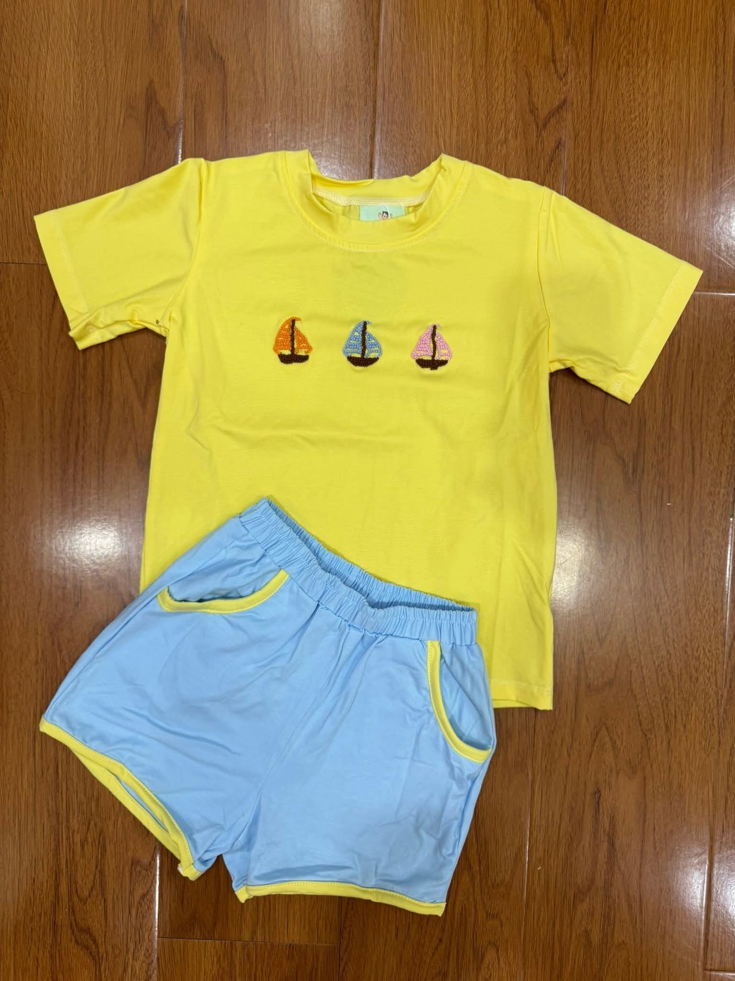 Yellow Sailboat Hand French Knot Boys Shorts Set Ambabie