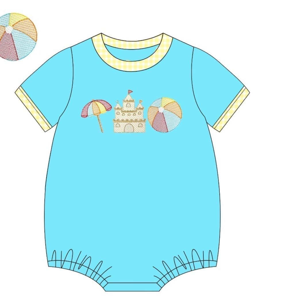 Blue Beach Sandcastle Embroidery Collection - Boy Romper - eta July Boyis