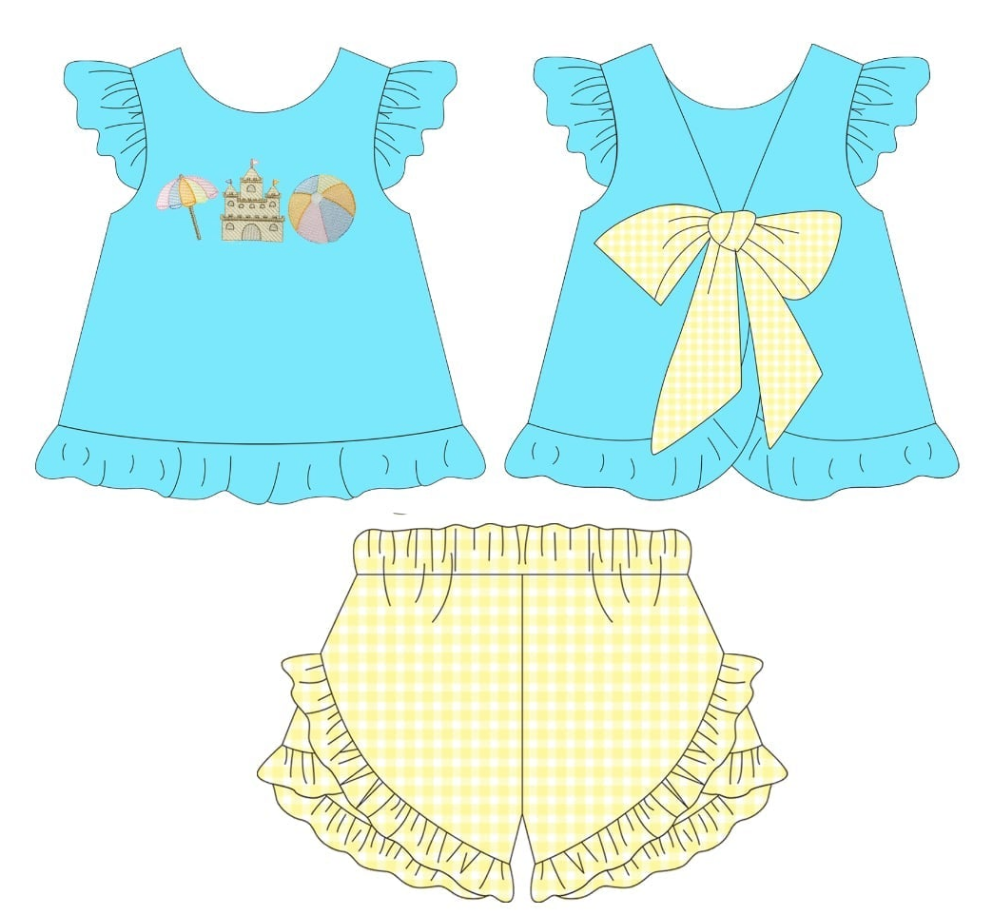 Blue Beach Sandcastle Embroidery Collection - Girl Short Set - eta July Boyis
