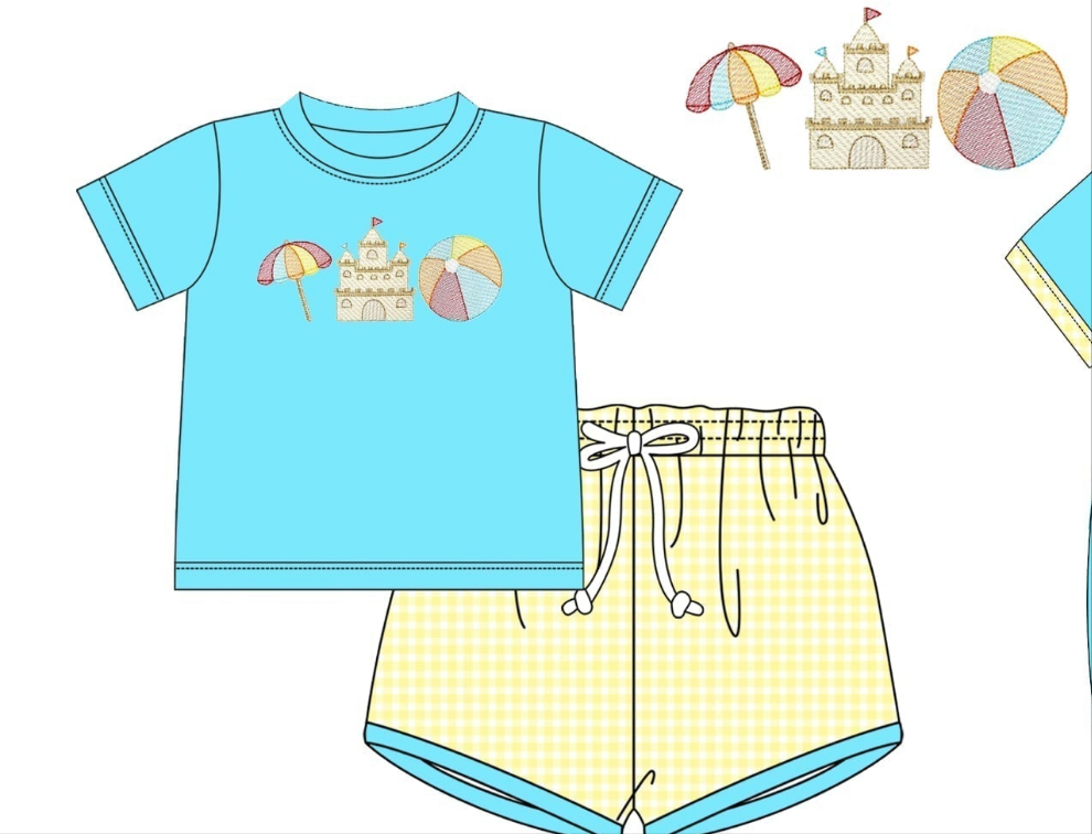 Blue Beach Sandcastle Embroidery Collection - Boy Short Set - eta July Boyis